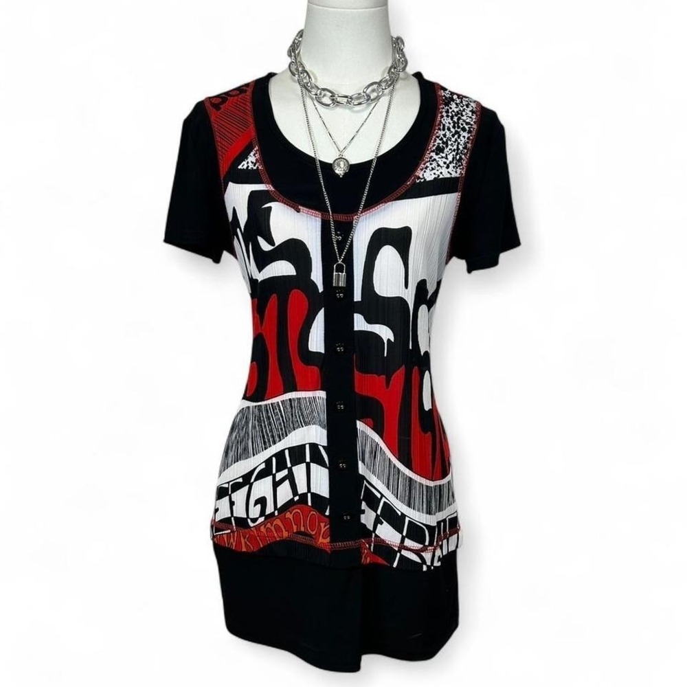 Vintage Michael Taylor Artsy Lettering Short Sleeve Tunic Top Womens S Retro